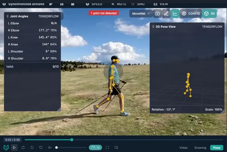 LINCE PLUS AI Studio: video player with pose estimation overlay, a joint angles panel and a 3D pose view