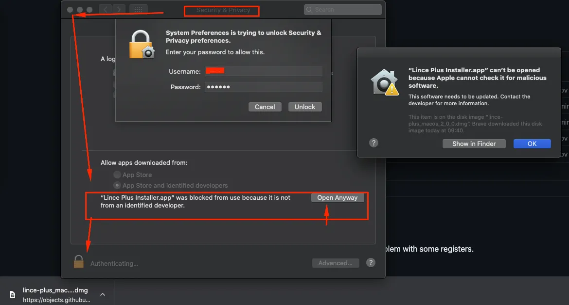 macOS dialog warning that LINCE PLUS cannot be verified, with the Open Anyway option