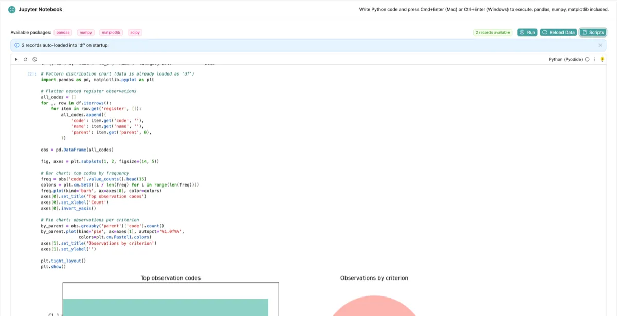 LINCE PLUS Research page: a Jupyter notebook with pandas code plotting observation codes and a pie chart by criterion
